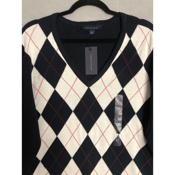 Tommy Hilfiger Argyle Sweater Women's 0X Ivy V-Neck Navy NEW - Picture 2 of 6